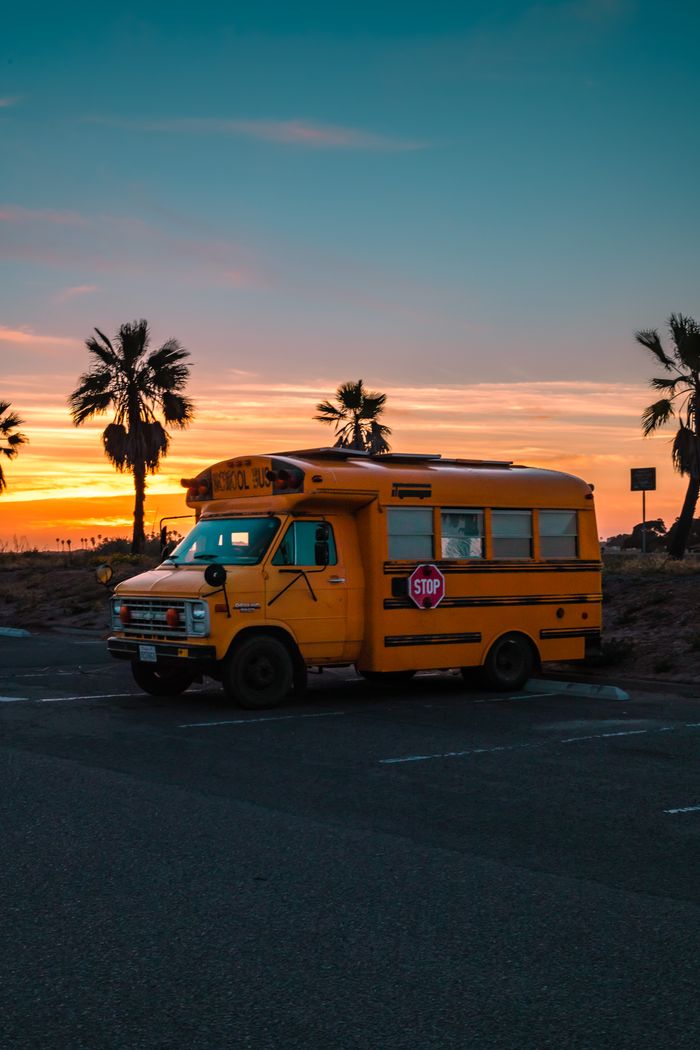 A parked vintage school bus amidst palm trees during a vibrant sunset, creating a nostalgic tropical vibe.